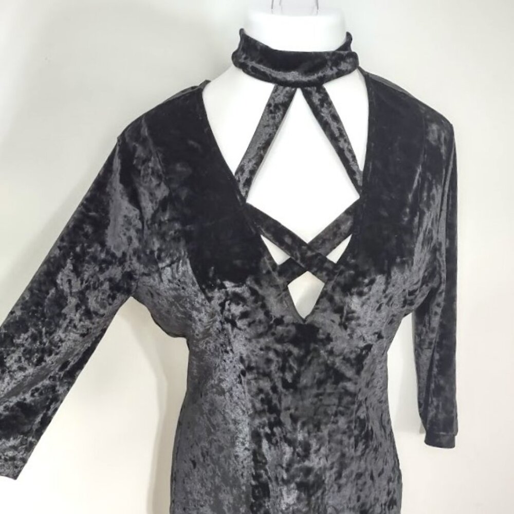 Vintage K+Glam 90s Y2K Black Crushed Velvet Goth Dress 1X - Picture 4 of 13